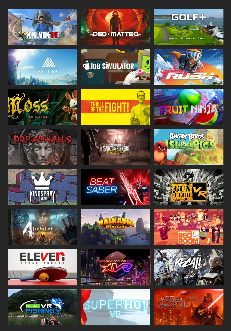 Grille des jeux VR disponibles incluant Beat Saber, Job Simulator, Resident Evil 4, SUPERHOT VR et plus