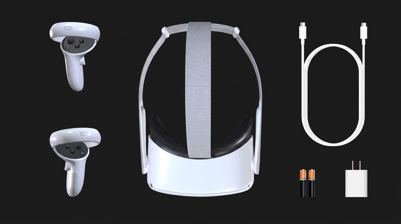Contenu location VR - casque Meta Quest 2, manettes, câble USB-C, piles et adaptateur